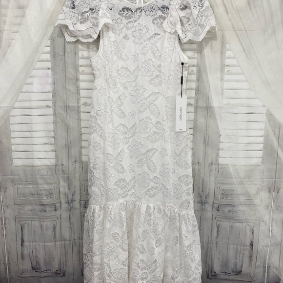 Calvin Klein White Hi-lo Hem Lined Flutter Sleeve Midi Mermaid Dress Party NEW - Picture 10 of 16